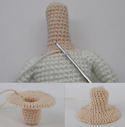 Crochet process for the ice queen amigurumi head, demonstrating the connection to the body and the shaping of the head piece