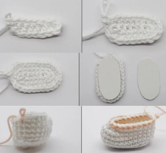 Crochet process for the ice queen amigurumi legs, featuring the foot base and cardboard insert