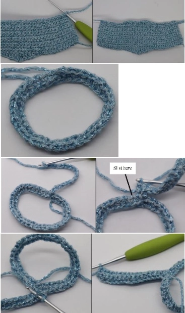 Step-by-step crochet process for the ice queen amigurumi ribbed skirt using light blue yarn