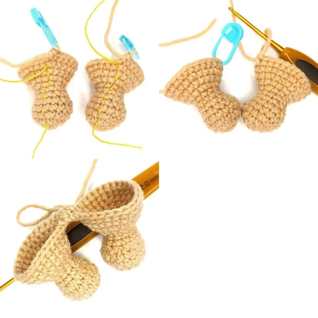 Two tan-colored crocheted amigurumi cat paws with blue stitch markers, shown side-by-side in the top frame, and being joined together with a crochet hook in the bottom frame.