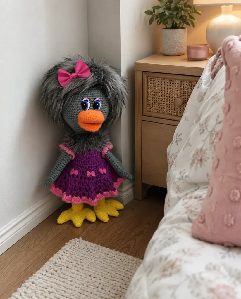 Crochet crow in a purple dress standing by a wooden nightstand, made with the karkusha amigurumi free pattern.