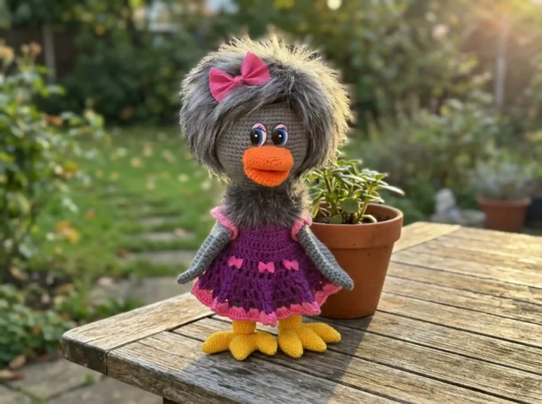 Find the complete karkusha amigurumi free pattern to crochet this adorable crow doll with a purple dress on AmiLoops.com.