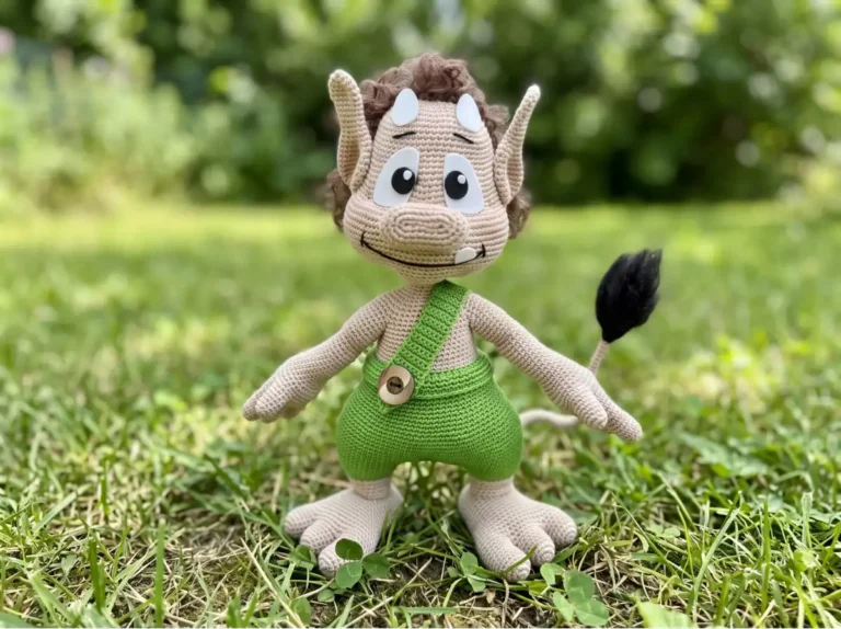 Beige Kuzya crochet amigurumi pattern doll with green overalls and black tail, standing in grass outdoors.