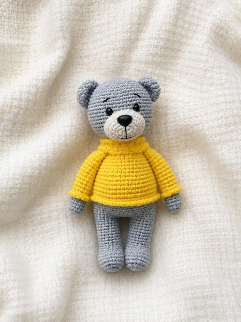 Gray crochet amigurumi bear cub with safety eyes wearing a bright yellow ribbed collar sweater lying on a white knit blanket