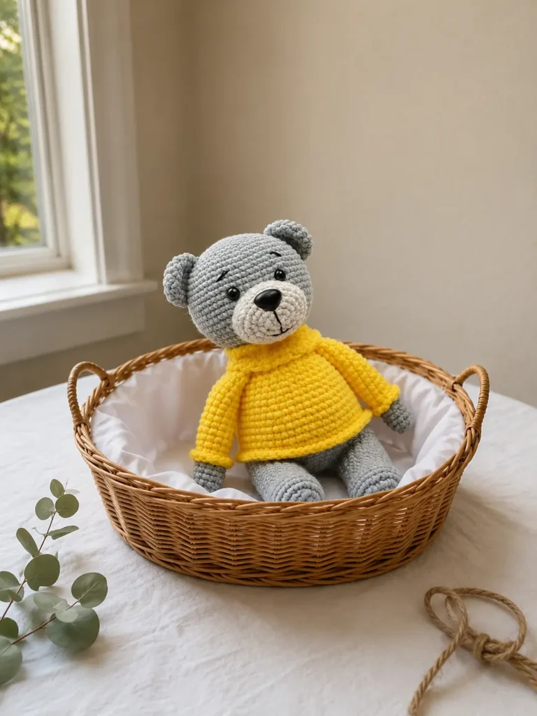Gray crochet amigurumi bear in a yellow sweater sitting inside a woven wicker basket next to a eucalyptus sprig