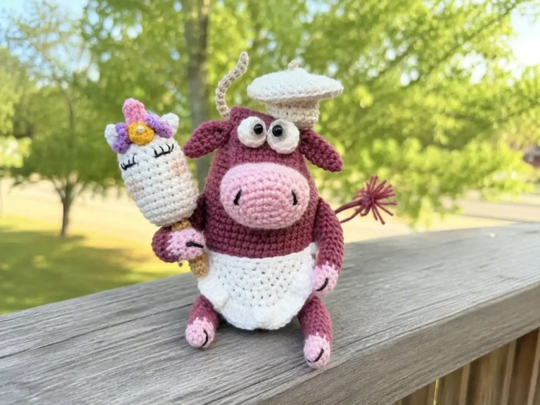 Maroon crocheted little bull amigurumi free pattern toy wearing a white chef hat and apron on a wooden railing.
