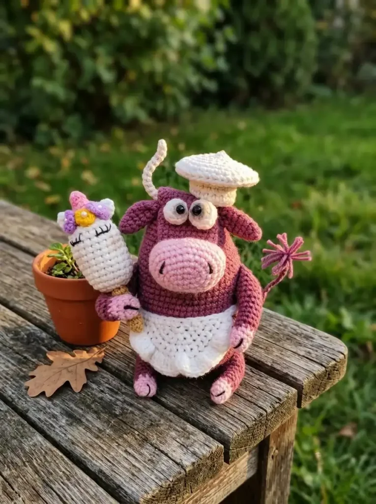 Get the little bull amigurumi free pattern on AmiLoops.com and crochet this cute chef bull holding a unicorn popsicle!