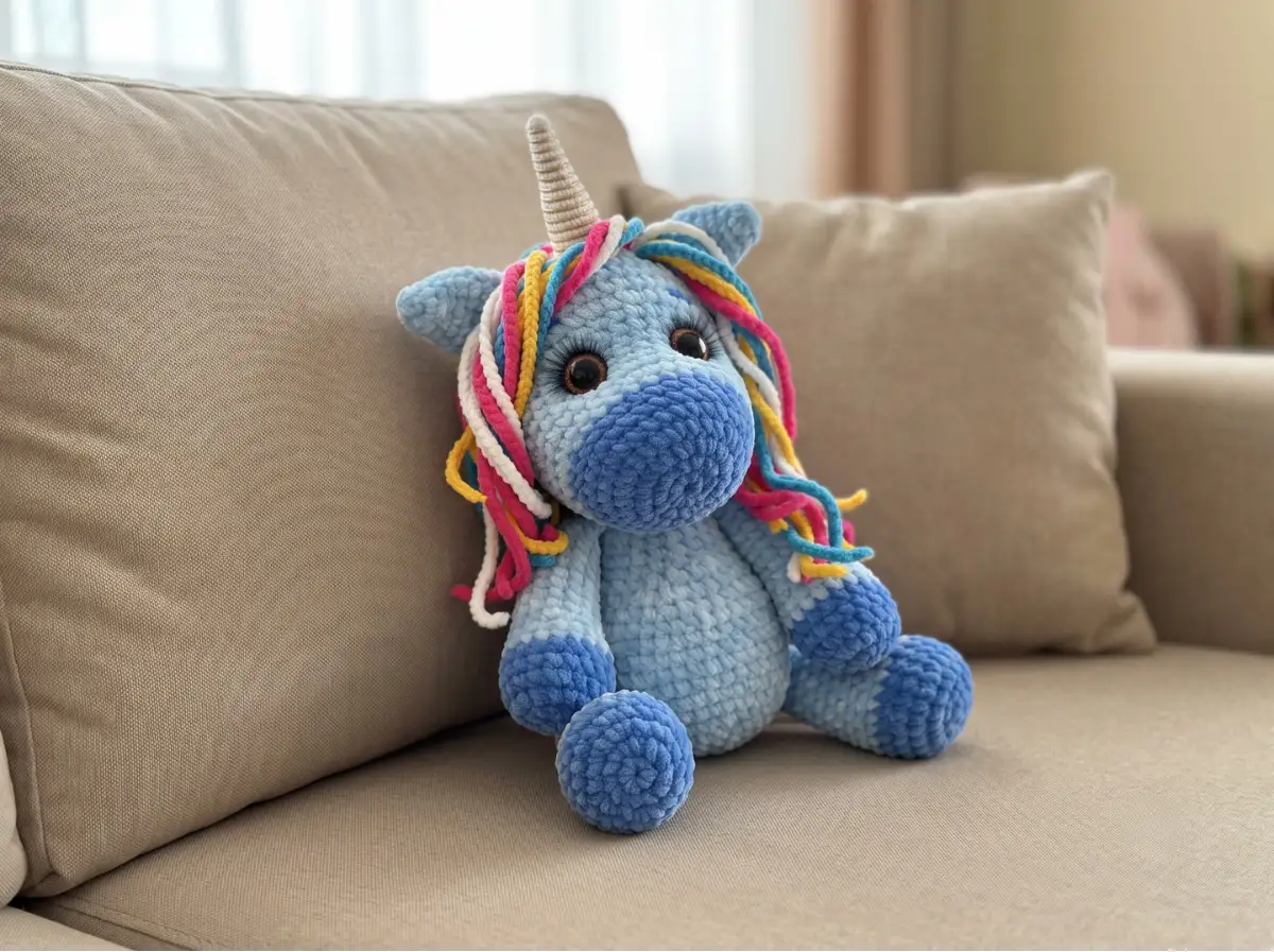 Plush blue crochet unicorn with colorful mane sits on a beige sofa, next to pillows. Amigurumi unicorn free pattern.
