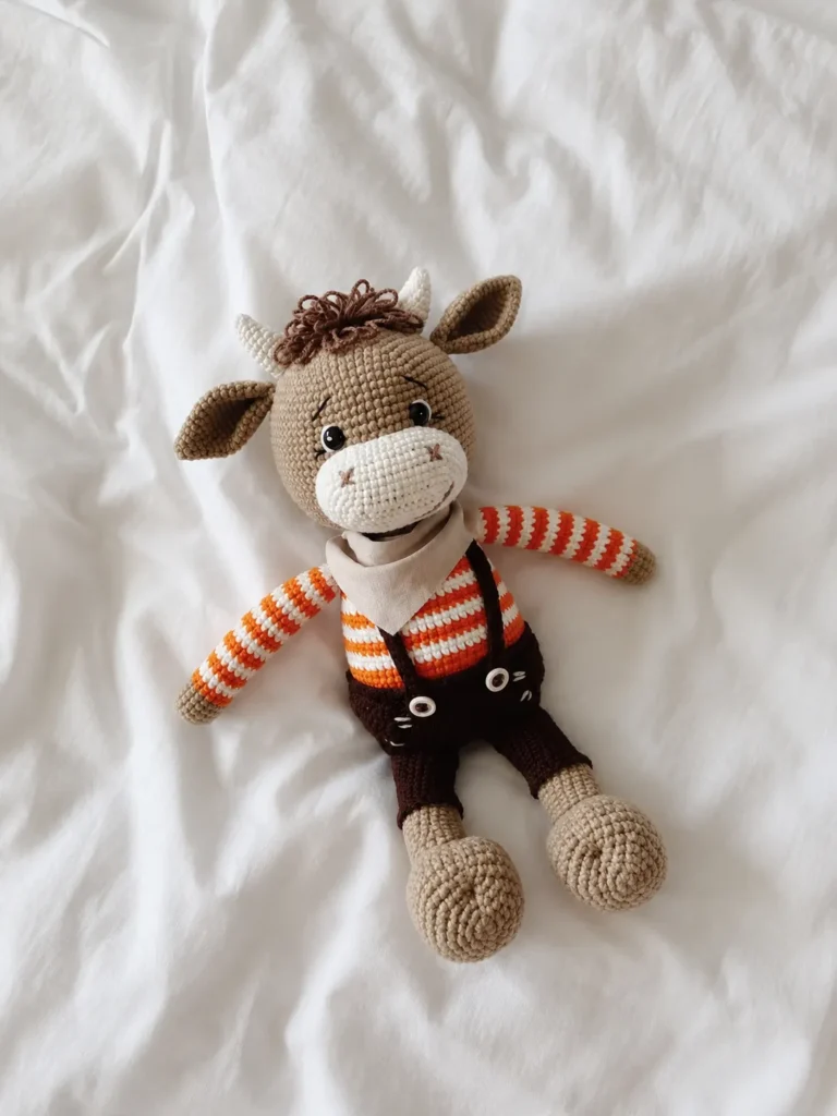 A finished Mumuka the Bull amigurumi crocheted plush sitting flat on a white fabric surface, wearing a striped orange sweater, dark overalls with buttons, and a beige neck scarf.