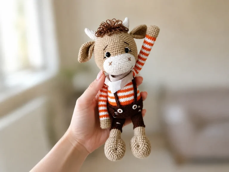 Hand holding brown crocheted bull with orange striped sweater and overalls against a soft indoor background.