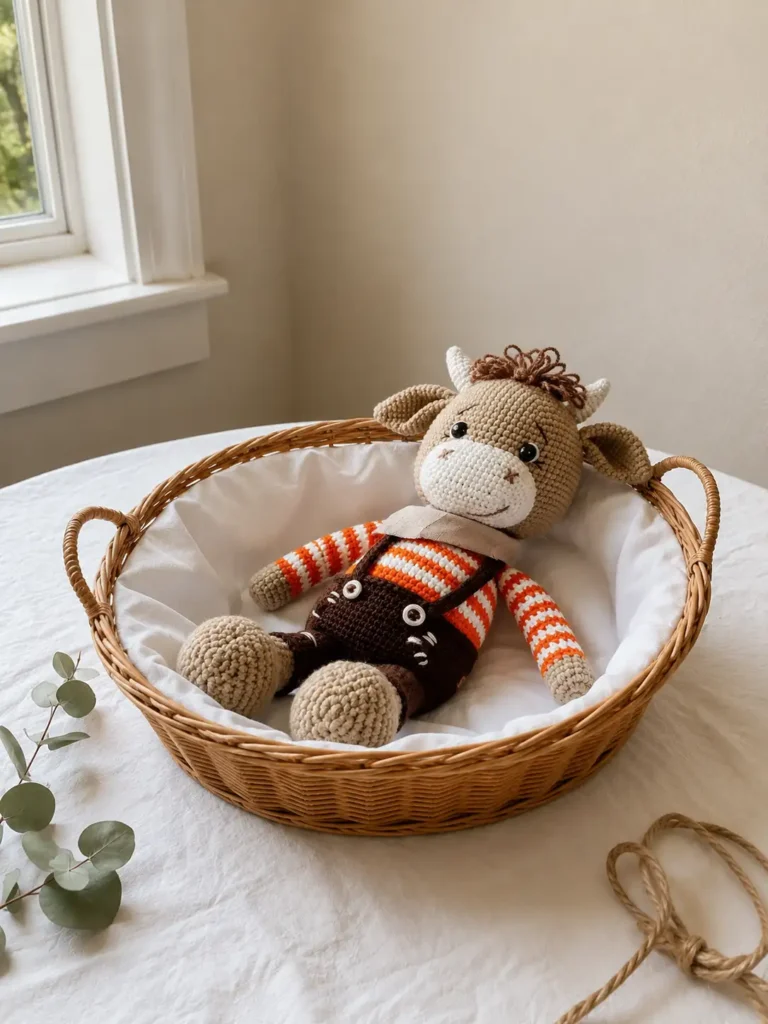 Handcrafted Mumuka the Bull crochet amigurumi plush lying inside a white fabric-lined woven basket on a table near a window.