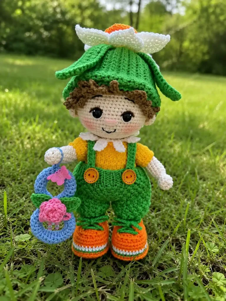 Narcissus flower doll amigurumi standing outdoors in green grass wearing a green leaf hat, yellow jacket, green suspender pants, and holding a blue figure-eight charm.