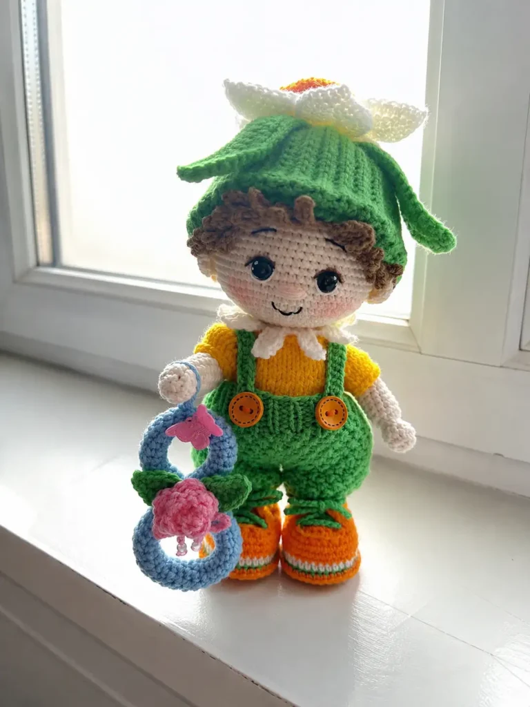 Narcissus flower doll amigurumi standing on a bright white windowsill, wearing a green flower hat, yellow top, and green suspender pants while holding a tiny blue number eight accessory.