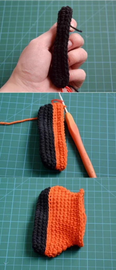 A three-panel vertical collage showing the progress of crocheting an amigurumi fish fin. The top panel shows a narrow, flat piece of black crochet. The middle panel shows orange yarn being added to the black piece with a crochet hook. The bottom panel shows the completed flat fin, featuring a thick black edge and a larger orange body.