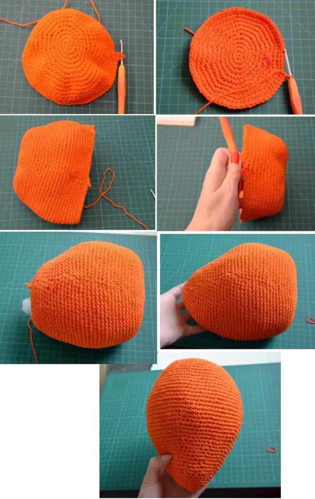 A seven-panel collage showing the step-by-step progress of crocheting a large orange amigurumi fish body, starting as a flat circle, curving into a bowl shape, being stuffed with white fiberfill, and finishing as a large, teardrop-shaped base. A crochet hook and a pink stitch marker are visible in several panels.