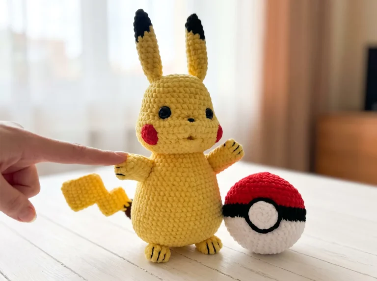 A yellow crochet toy made from our pikachu amigurumi pattern free tutorial, sitting on a clean wooden table.