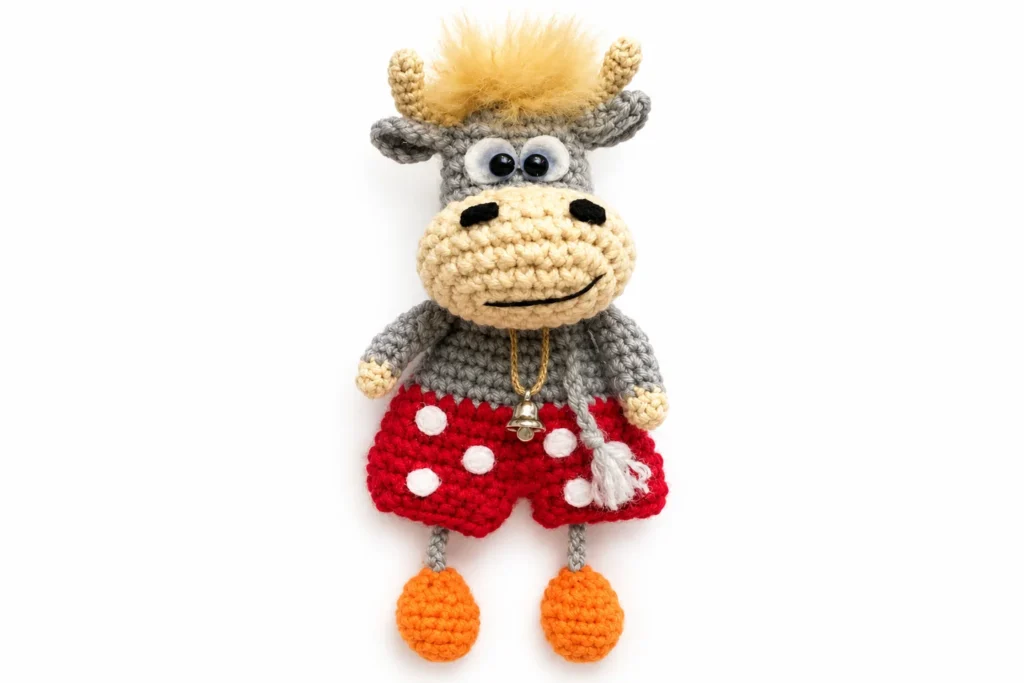 Finished playful bull amigurumi with gray body, beige muzzle, cream horns, red polka-dot pants, orange shoes, bell necklace, and fluffy forelock.