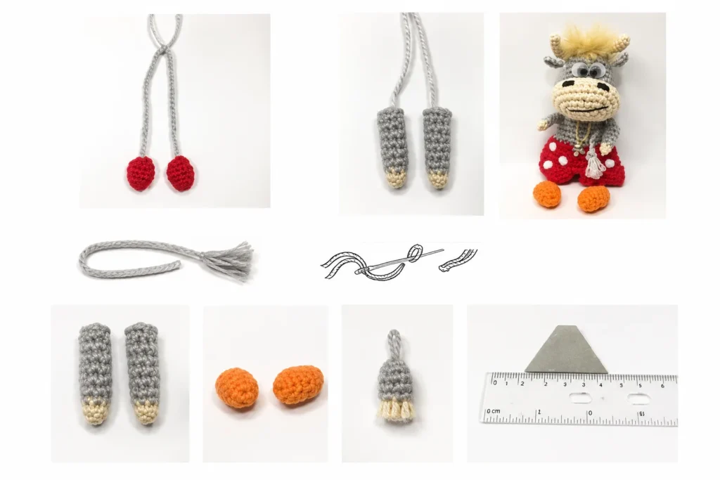 Playful bull amigurumi crochet pattern showing finished toy and individual assembly pieces.