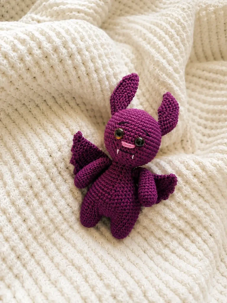 Handmade purple crocheted Halloween bat plushie with fangs and scalloped wings resting on a textured white knit blanket.