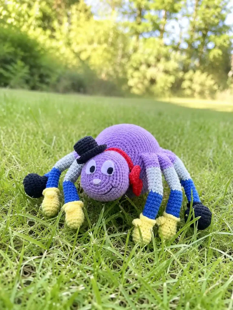 Completed spider Porfiriyich amigurumi toy sitting on green grass, featuring a purple body, top hat, red bow tie, yellow mittens, and black shoes.