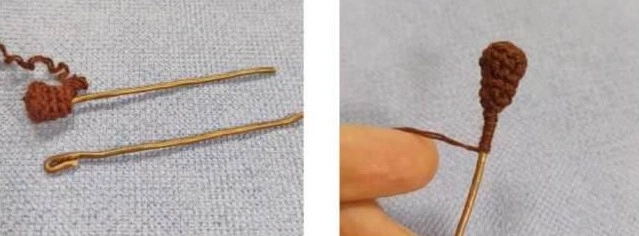 A two-panel step-by-step image showing how to insert a looped wire into a small crocheted dark brown amigurumi arm and wrap the exposed metal with yarn.