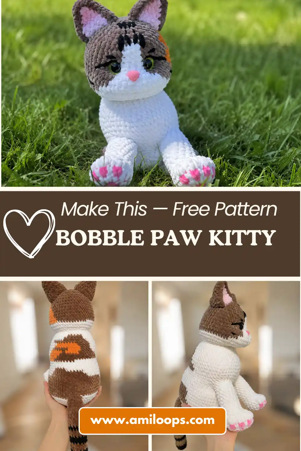 A hand holding a cute crochet cat amigurumi free pattern made of plush brown and white yarn in a sunny room.