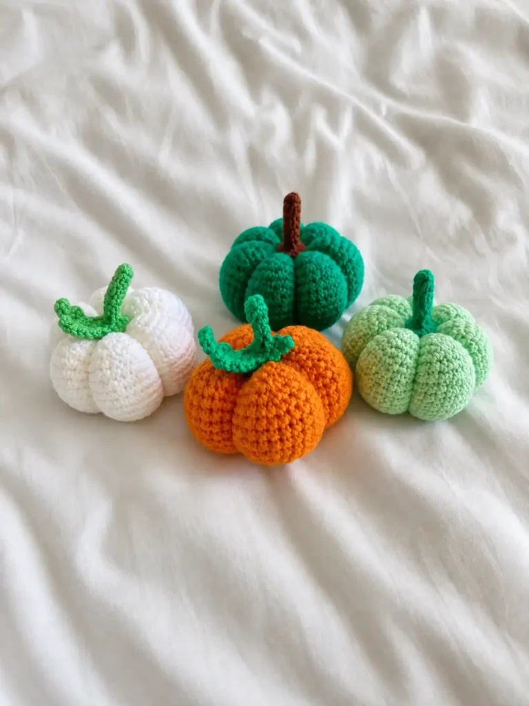 Four handmade crochet pumpkins in white, dark green, orange, and light green arranged closely together on a soft, wrinkled white bedsheet or fabric surface.