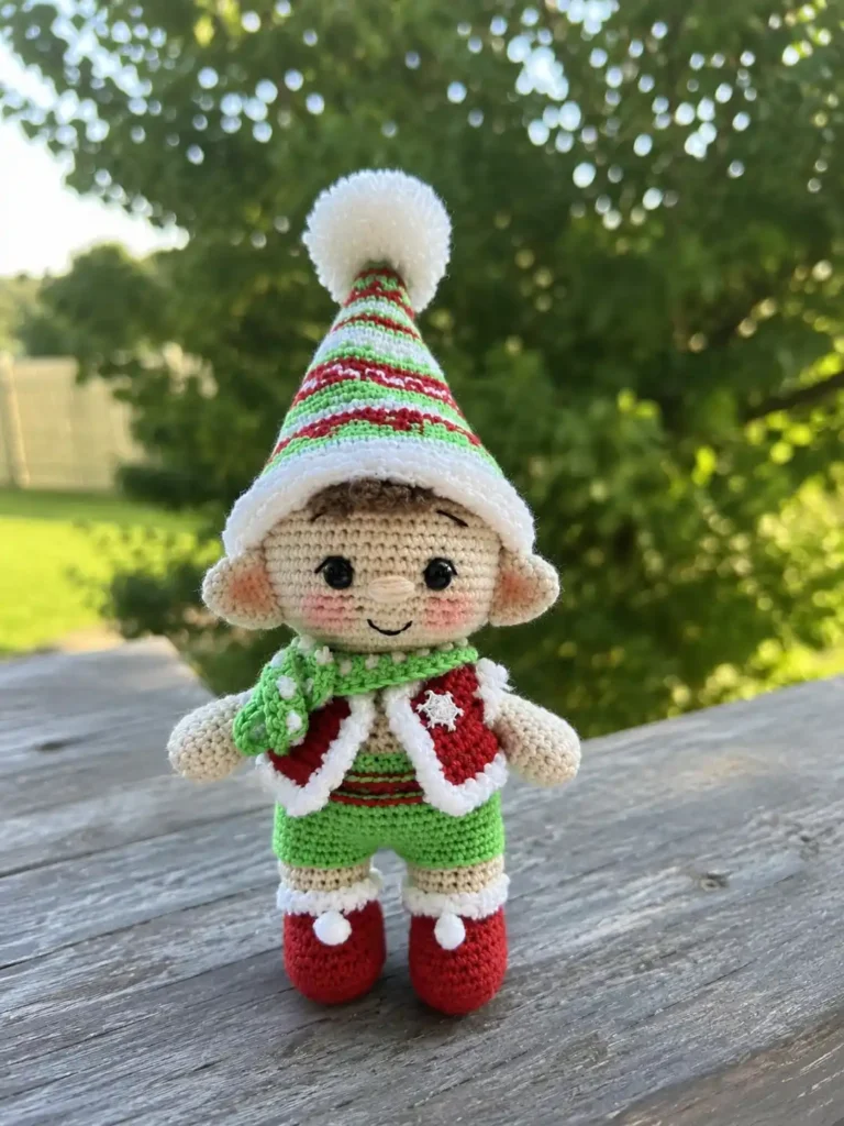 Standing crochet elf amigurumi free pattern toy in red and green yarn on a wooden surface against blurred green trees.