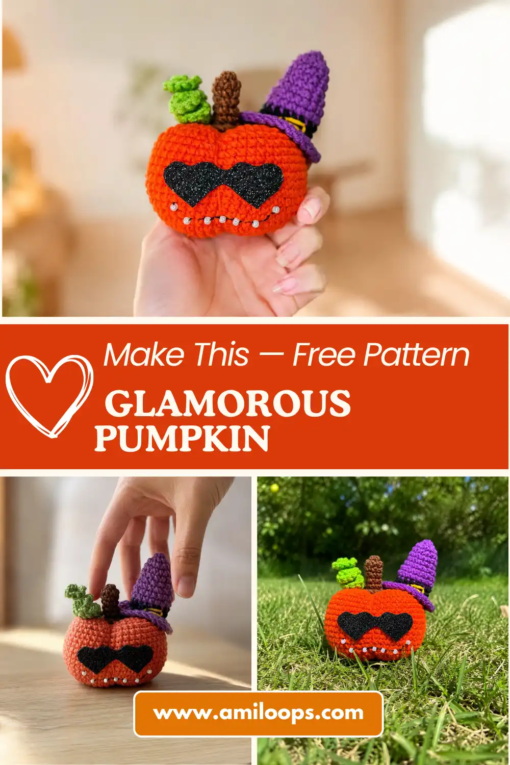 Finished glam pumpkin amigurumi free pattern on a wood table, featuring orange yarn, a purple witch hat, and sunglasses.