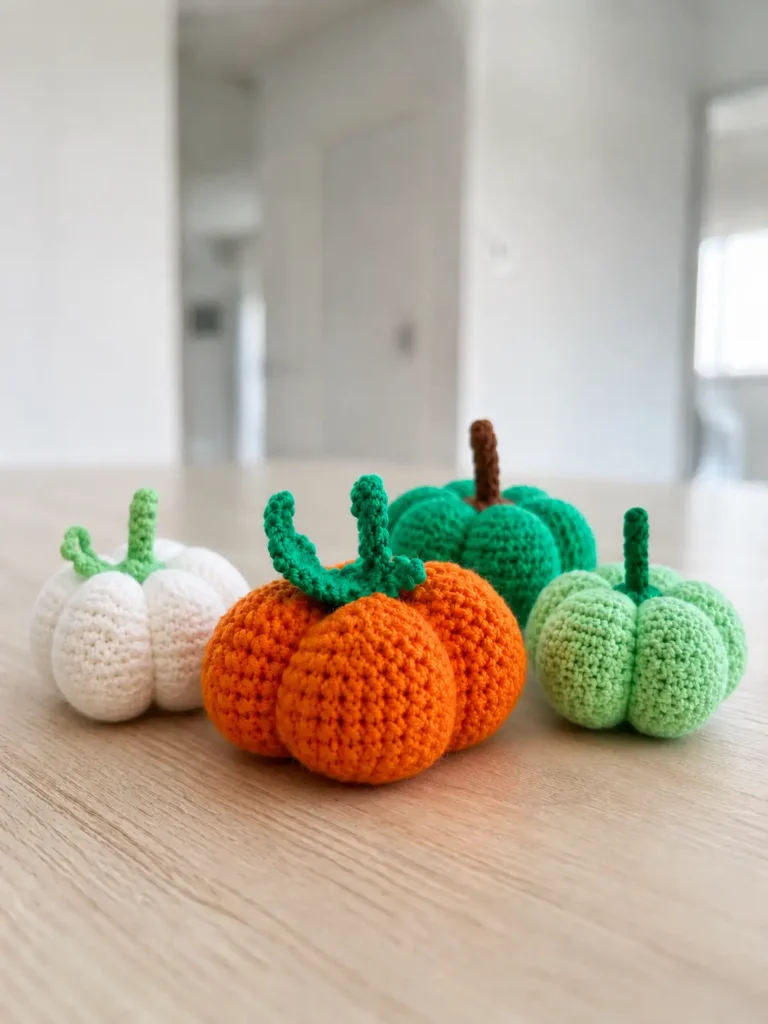 Four handmade crochet pumpkins in white, orange, dark green, and light green sitting on a light wood-grain table. The background features a blurred, brightly lit modern indoor space with white walls and a doorway.