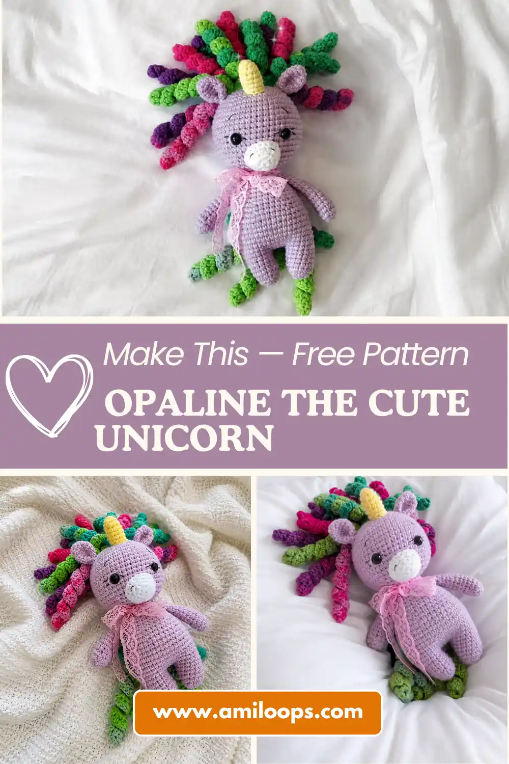 Cute unicorn amigurumi free pattern toy in purple yarn with a colorful mane, displayed in a woven basket.