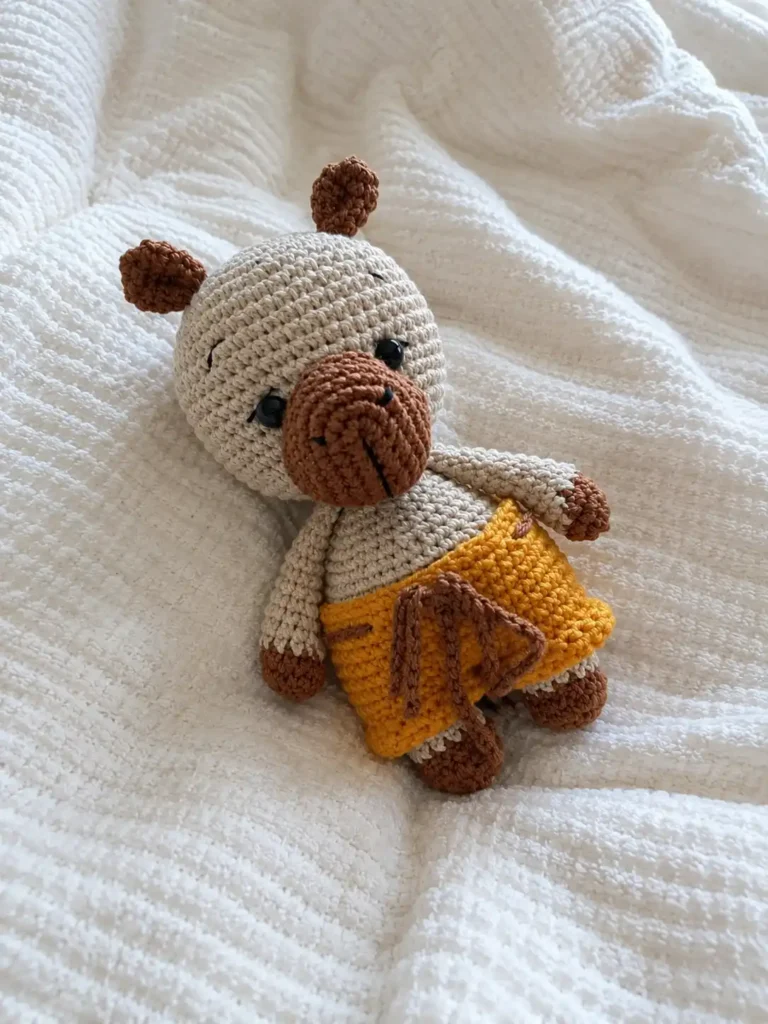 Beige and brown cotton amigurumi capybara pattern toy with mustard shorts resting on a soft white textured blanket.