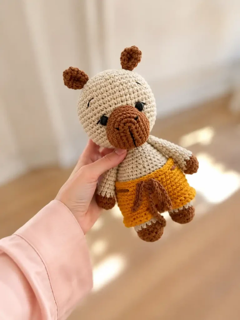 Hand holding a beige and brown cotton amigurumi capybara pattern toy with mustard shorts in a bright room.
