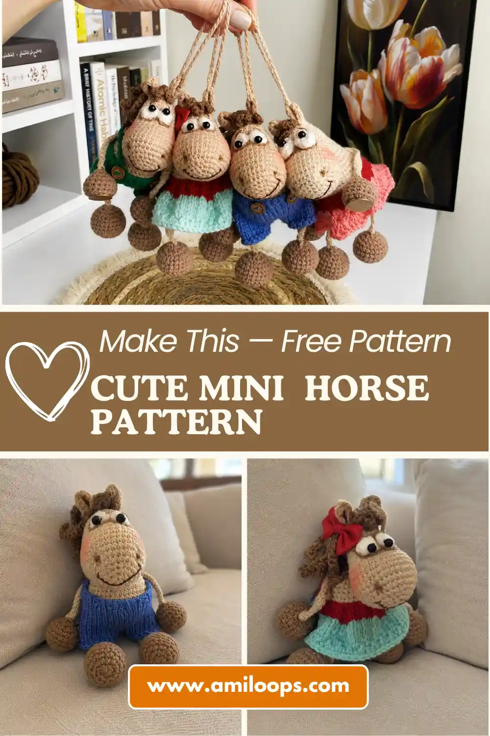 Four crocheted horses in green, teal, blue and pink clothes held by strings, using an amigurumi horse free pattern.