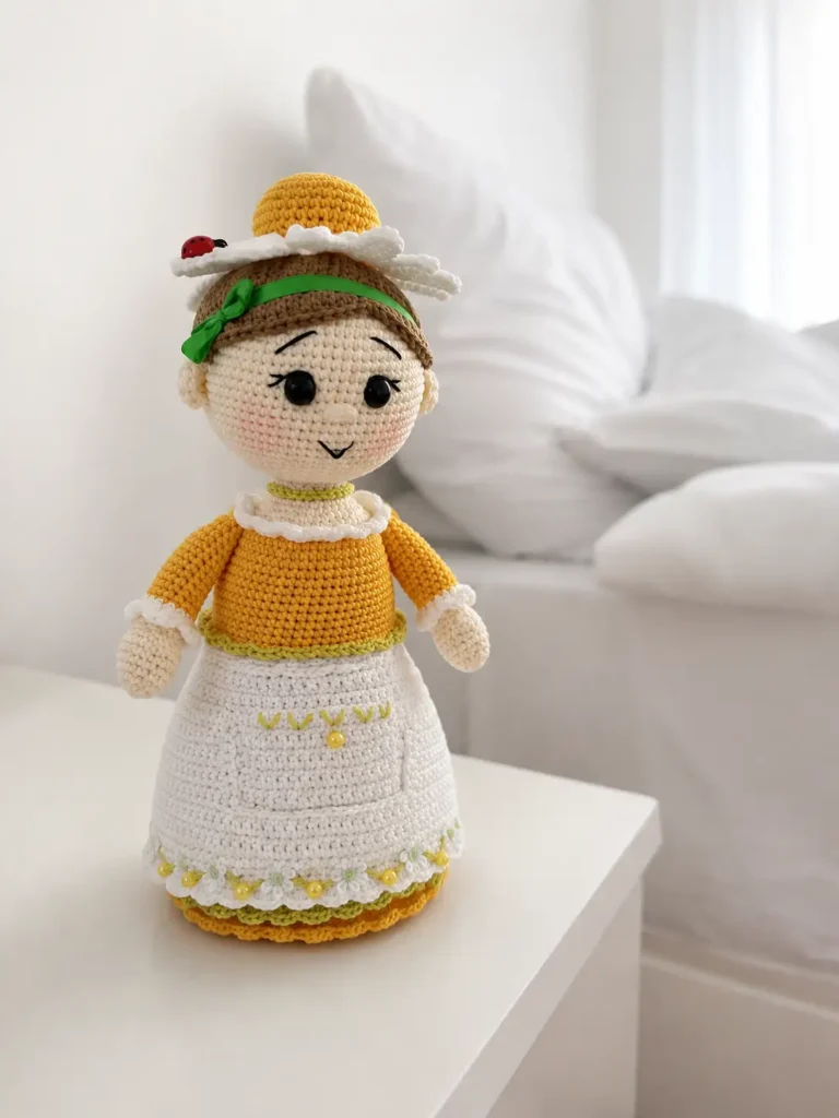 A yellow and white cotton yarn toy sits on a desk by a white bed in this chamomile doll amigurumi free pattern.
