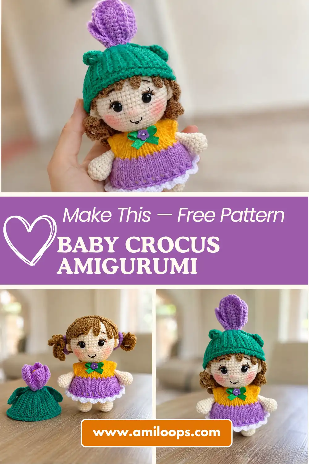 Baby crocus amigurumi doll in green ribbed beanie with purple flower standing outdoors on green lawn grass.