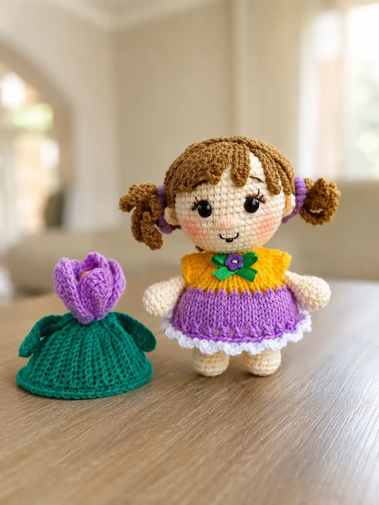 Handmade baby crocus amigurumi doll displayed next to her removable green flower hat on a light wooden table. The doll wears a yellow and purple knitted dress, showing off brown pigtails tied with purple hair bands and a hand-embroidered face with blushes.