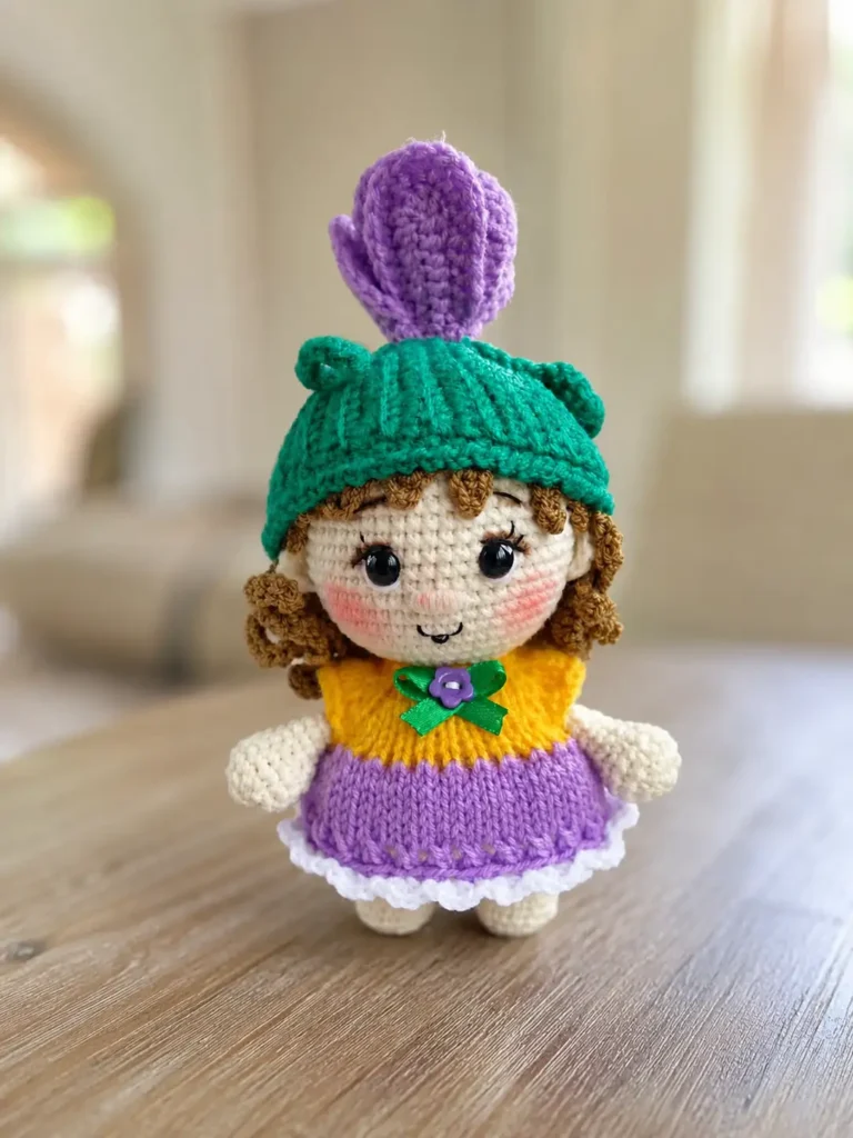 Front view of a completed handmade baby crocus amigurumi doll sitting on a wooden table. The doll features a light purple knit dress with a yellow bodice, a green ribbon bow, brown curly hair, and a ribbed green hat topped with a purple crocheted crocus flower.