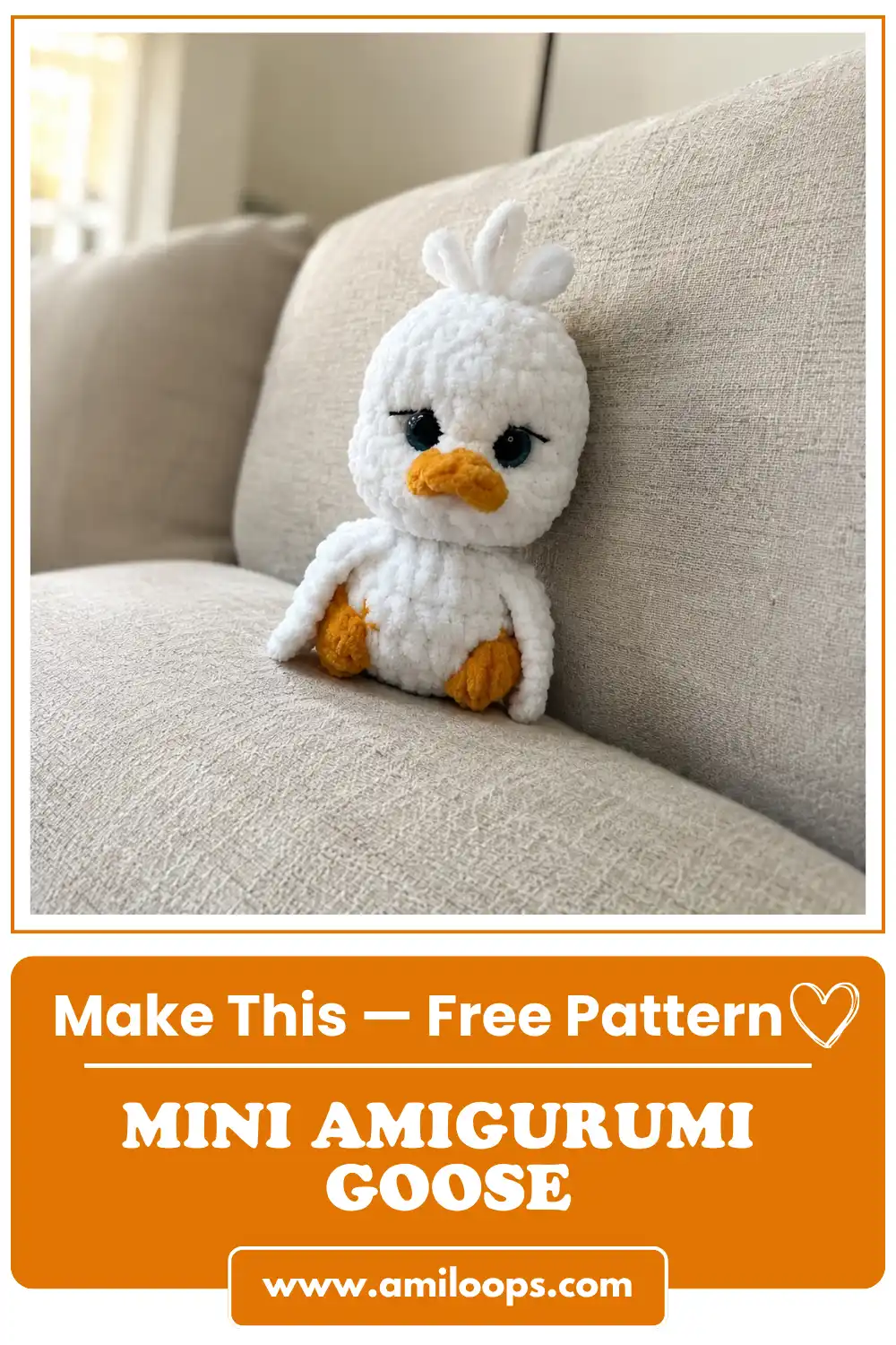 This amigurumi goose grows from a single continuous piece for the body and head, so the shape builds gradually instead of being seamed together from separate pieces afterward. Two shaped wings, a quick color change into yellow puff-stitch feet, a chain-loop tail, and a small crocheted beak round out the figure, with a soft tuft of yarn finishing the top of the head.