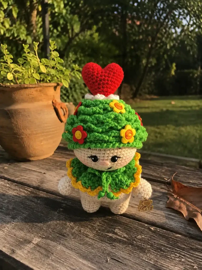 Crochet doll wearing a green hat and holding an I Love You charm. Baby valentine amigurumi free pattern.