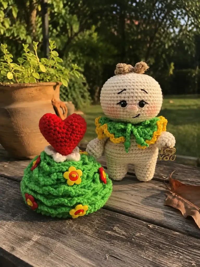 White crochet doll standing beside a green hat with a red heart. Find the baby valentine amigurumi free pattern.