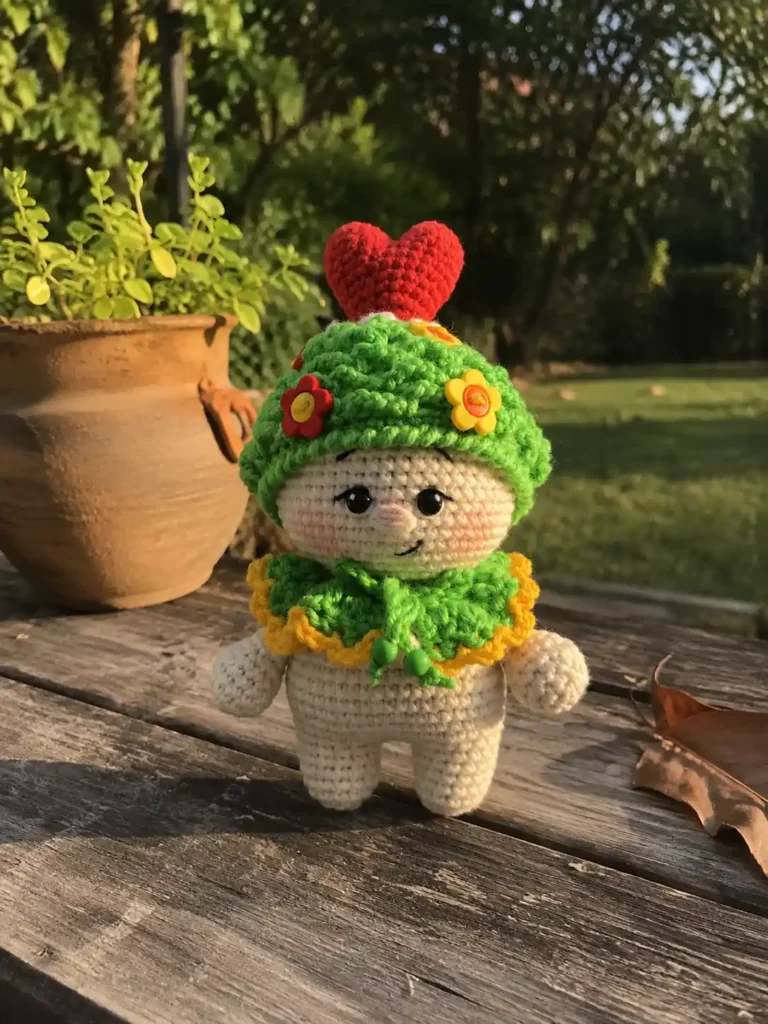 Cute white yarn doll wearing a green heart hat outdoors on wood. Get this baby valentine amigurumi free pattern.