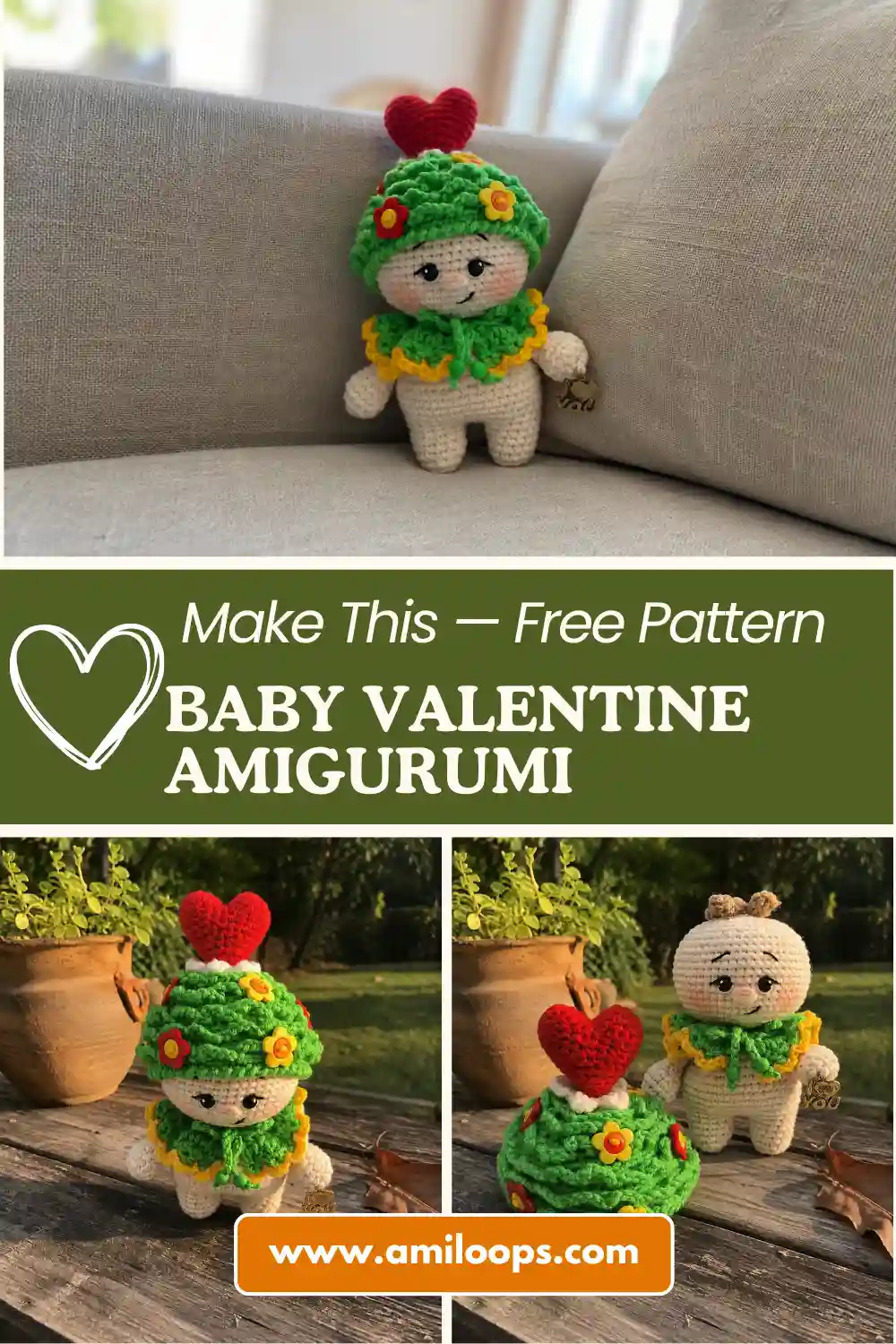 White yarn doll with green hat and red heart on an outdoor wooden table. Baby valentine amigurumi free pattern.