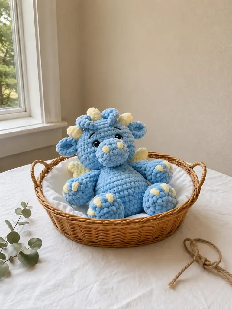 Blue chenille toy from a baby dragon crochet pattern free sitting in a wicker basket on a white table near a window.