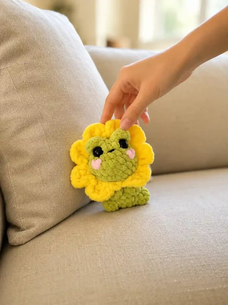 A hand placing the plush green mini frog crochet pattern with yellow petals onto a beige living room sofa cushion.