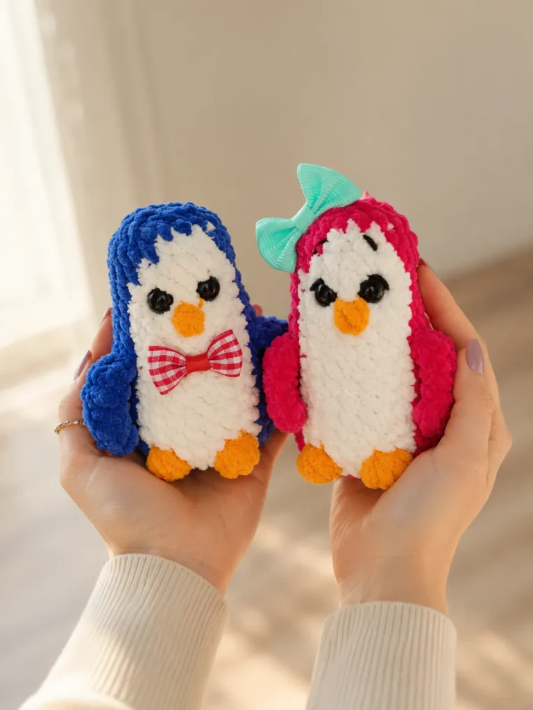 Two hands holding a blue and a pink chenille amigurumi penguin with bow ties in a sunlit room.