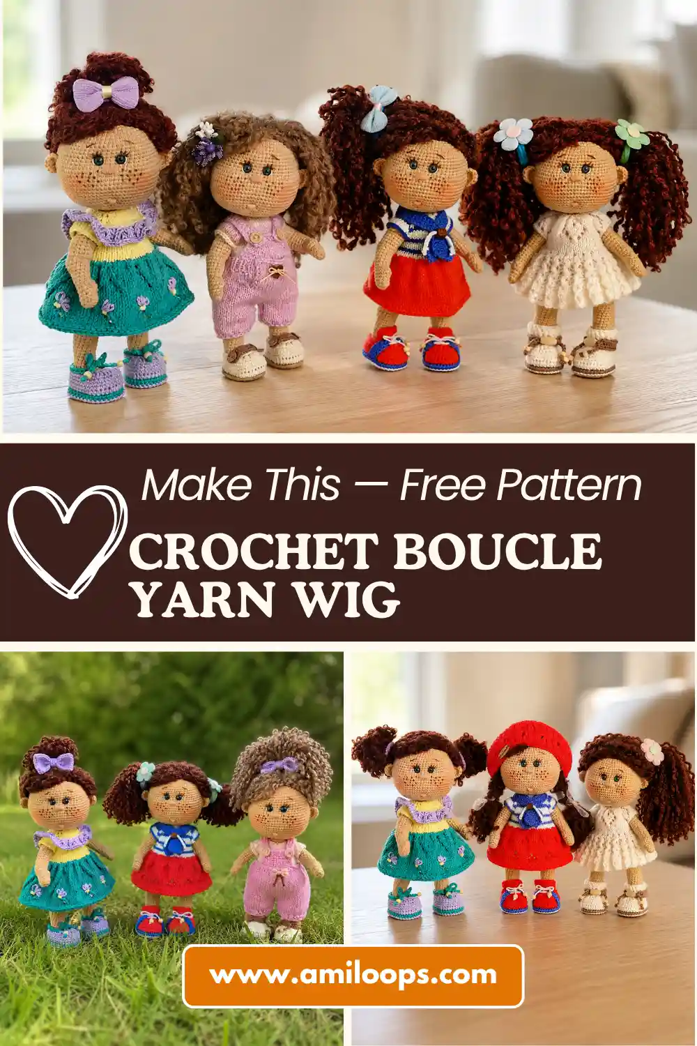 Four dolls in colorful dresses on an indoor table showing brown curls from a crochet boucle yarn wig free pattern.