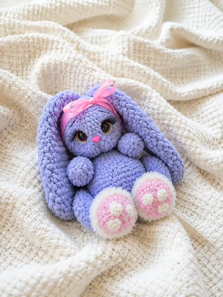 Fluffy purple toy made with the bunny aily amigurumi free pattern, resting on a textured white knit blanket.