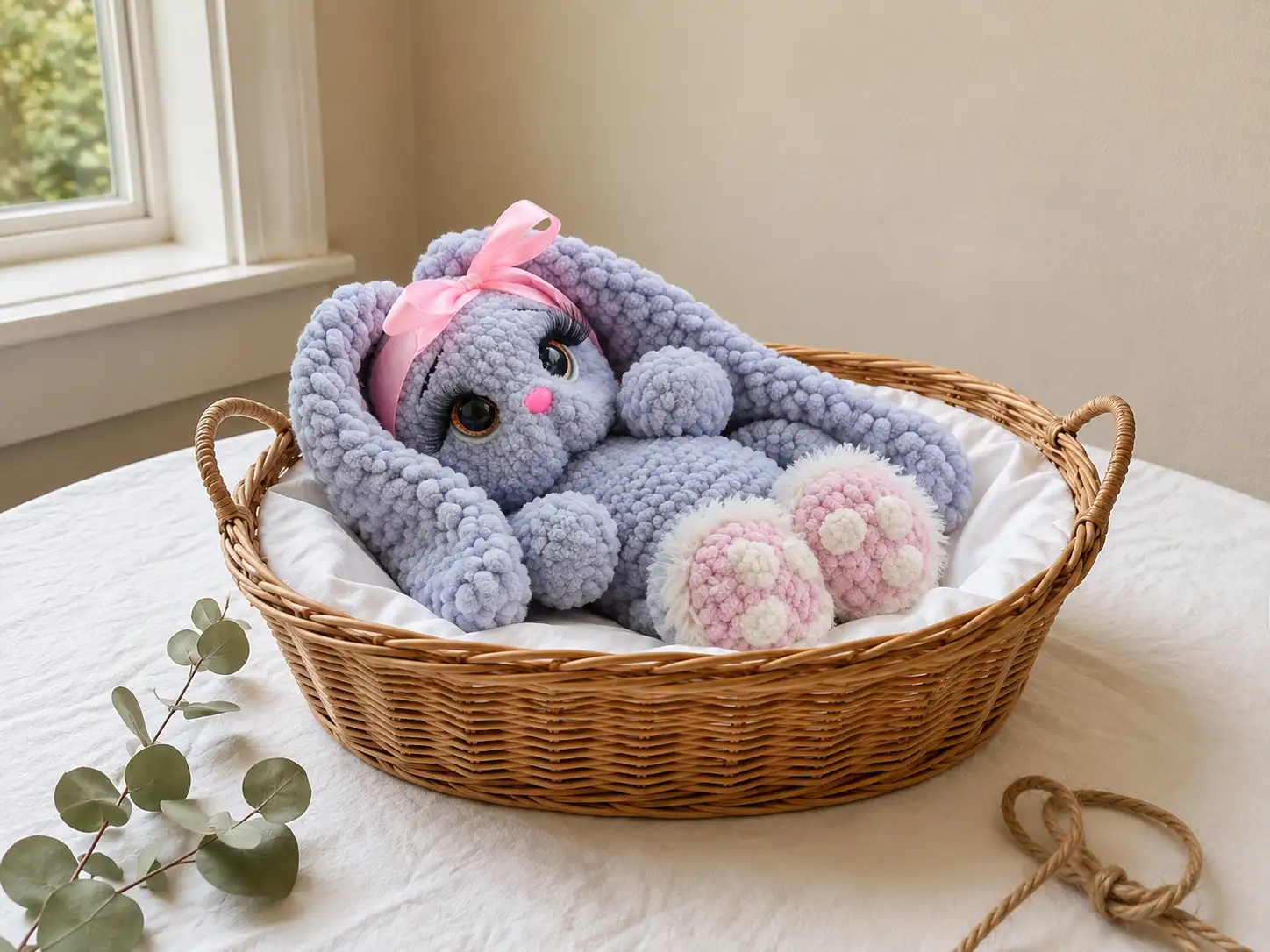 Chenille amigurumi bunny with sculpted cheeks, glossy eyes, and a pink satin ribbon bow.