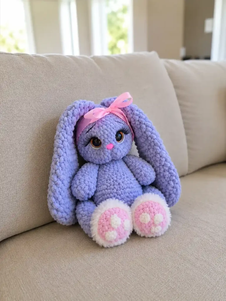 Soft purple chenille plushie from the bunny aily amigurumi free pattern, sitting upright on a cozy beige couch.